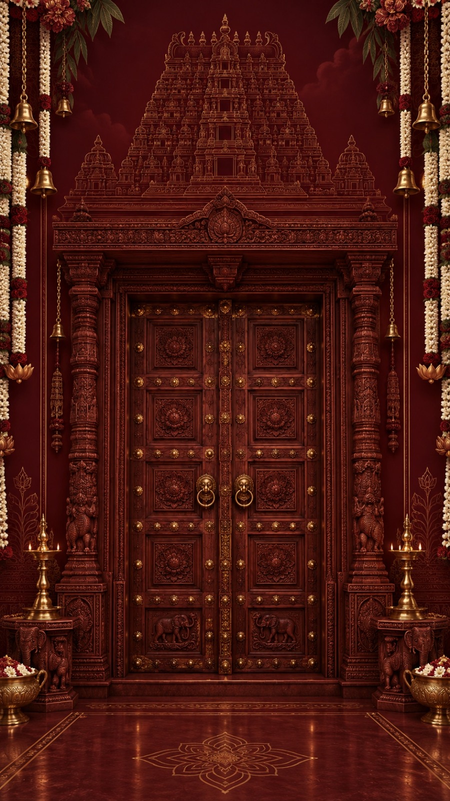 Carved temple doors framed by jasmine garlands and brass lamps